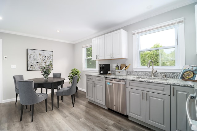 17 Alan Ave, Danbury, CT 06811 - kitchen featuring dishwasher, a sink, ornamental molding, wood finished floors, and gray cabinets