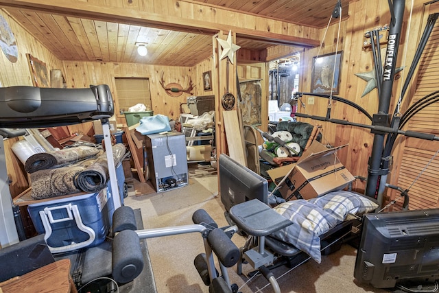 exercise room featuring wooden ceiling, wood walls, and carpet floors