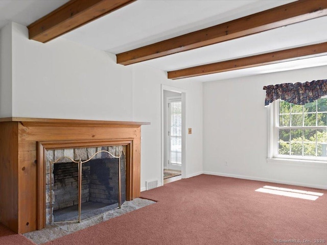 23 Pine Woods Rd, North Stonington, CT 06359 - unfurnished living room featuring carpet flooring, beamed ceiling, and a high end fireplace