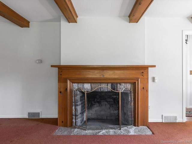 23 Pine Woods Rd, North Stonington, CT 06359 - detailed view of beamed ceiling, a high end fireplace, and carpet floors