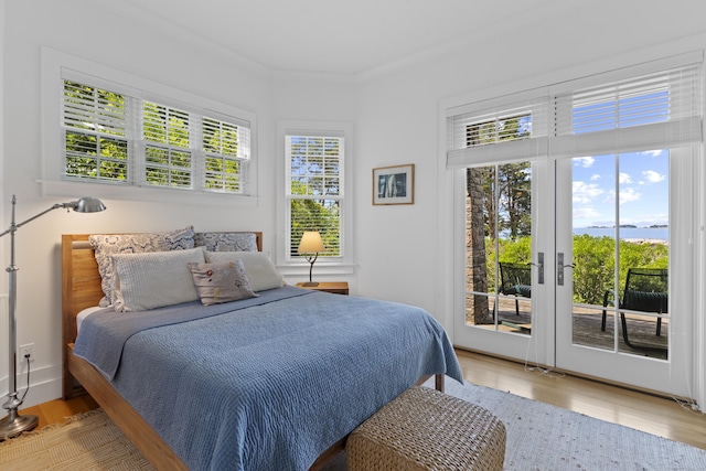 250 Joshua Point Rd, Guilford, CT 06437 - bedroom with multiple windows, access to outside, french doors, light wood-style floors, and crown molding
