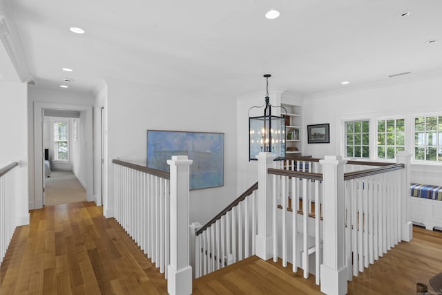 250 Joshua Point Rd, Guilford, CT 06437 - stairs with wood finished floors, recessed lighting, crown molding, a chandelier, and baseboards