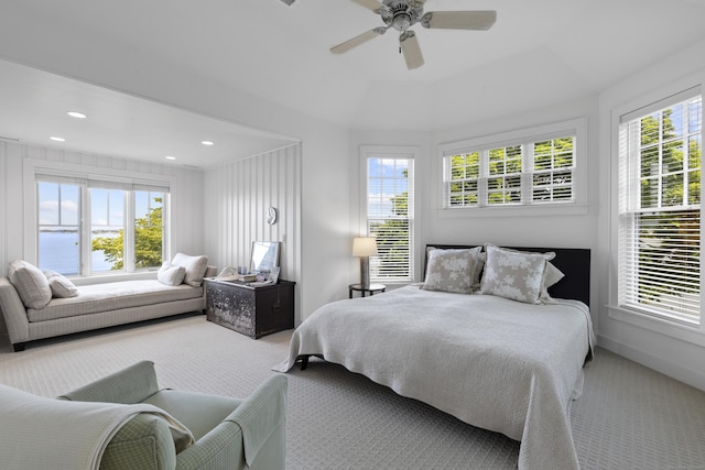 250 Joshua Point Rd, Guilford, CT 06437 - carpeted bedroom with baseboards, ceiling fan, recessed lighting, and a water view