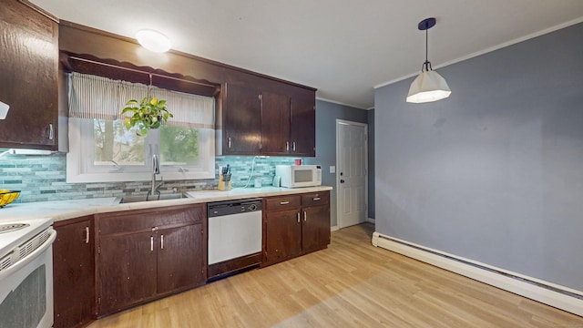 86 Butler Ave, Southington, CT 06489 - kitchen with white appliances, a baseboard heating unit, a sink, crown molding, and decorative backsplash
