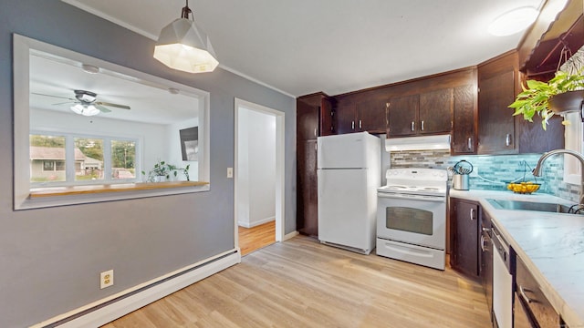 86 Butler Ave, Southington, CT 06489 - kitchen with white appliances, under cabinet range hood, a sink, a baseboard radiator, and light countertops