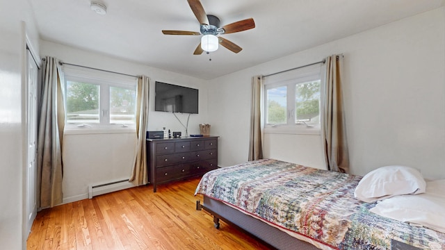 86 Butler Ave, Southington, CT 06489 - bedroom with a baseboard heating unit, multiple windows, light wood-style flooring, and a ceiling fan