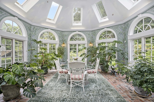 173 Highwoods Dr, Guilford, CT 06437 - sunroom / solarium with a skylight, brick floors, and high vaulted ceiling