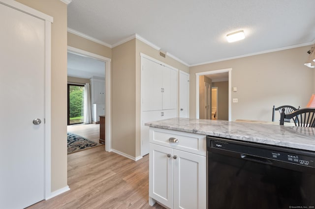 kitchen with black dishwasher, white cabinetry, light wood-style floors, baseboards, and ornamental molding
