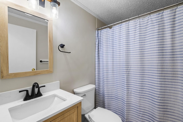 27 Honey Hill Rd, East Haddam, CT 06423 - bathroom with a textured ceiling, ornamental molding, toilet, vanity, and a shower with shower curtain