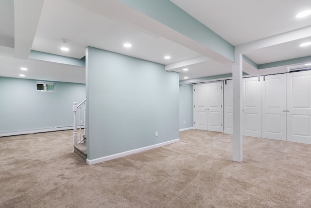 41 Little Brook Rd, Wilton, CT 06897 - below grade area featuring carpet floors, recessed lighting, stairway, a baseboard radiator, and baseboards