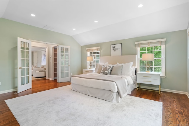 41 Little Brook Rd, Wilton, CT 06897 - bedroom featuring french doors, dark wood-type flooring, lofted ceiling, baseboards, and recessed lighting