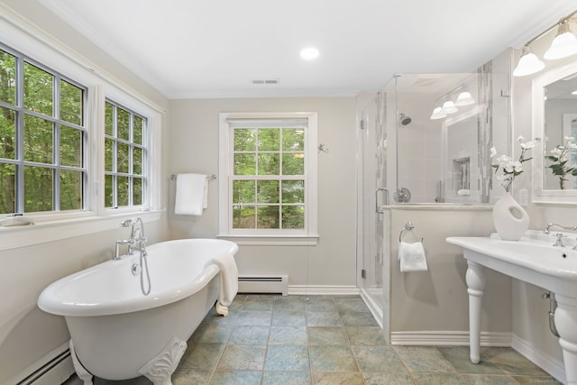 41 Little Brook Rd, Wilton, CT 06897 - bathroom with baseboard heating, a freestanding bath, a stall shower, baseboards, and crown molding