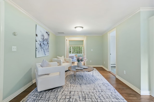 41 Little Brook Rd, Wilton, CT 06897 - living area featuring baseboards, crown molding, dark wood-style floors, and a baseboard heating unit