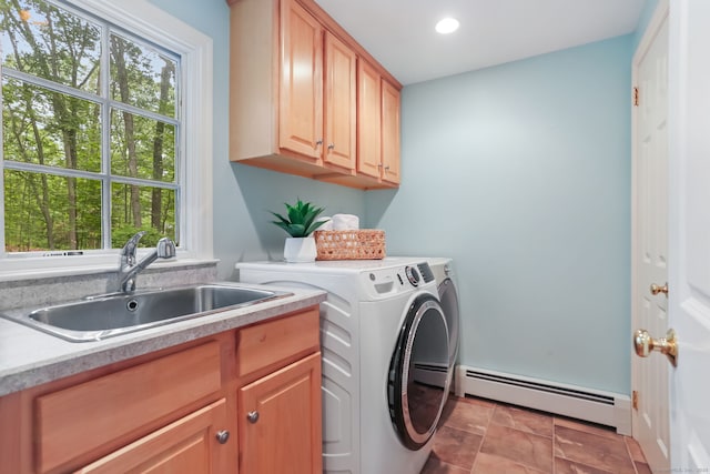 41 Little Brook Rd, Wilton, CT 06897 - laundry area featuring cabinet space, baseboard heating, washer and clothes dryer, and recessed lighting