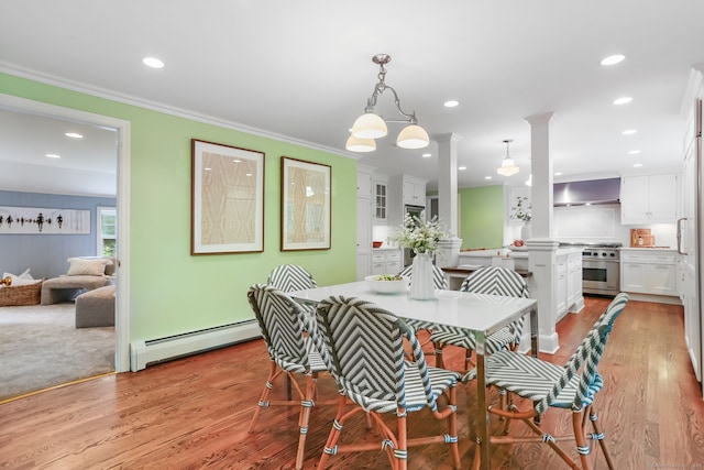 41 Little Brook Rd, Wilton, CT 06897 - dining area featuring baseboard heating, light wood-type flooring, crown molding, and recessed lighting