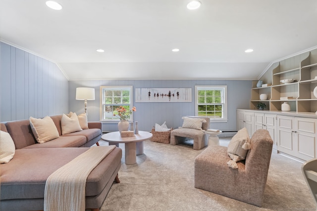 41 Little Brook Rd, Wilton, CT 06897 - living room with ornamental molding, recessed lighting, light carpet, lofted ceiling, and baseboard heating