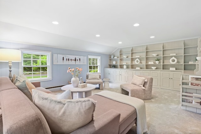 41 Little Brook Rd, Wilton, CT 06897 - living area featuring vaulted ceiling, recessed lighting, light colored carpet, and a baseboard radiator