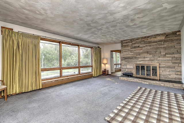 23 Pinesbridge Rd, Oxford, CT 06478 - unfurnished living room featuring carpet floors and a stone fireplace