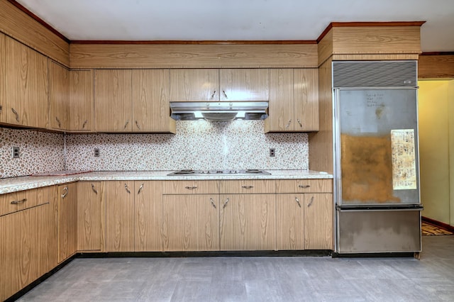 23 Pinesbridge Rd, Oxford, CT 06478 - kitchen featuring built in refrigerator, under cabinet range hood, white stovetop, decorative backsplash, and light countertops
