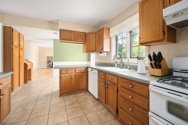 kitchen with white appliances, under cabinet range hood, a sink, and brown cabinets