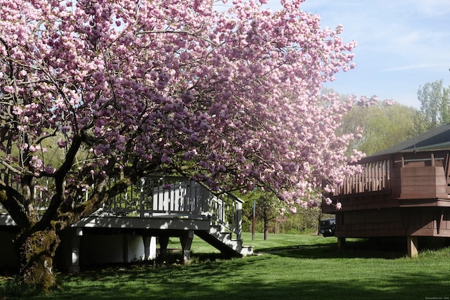 view of green lawn featuring stairway and a wooden deck