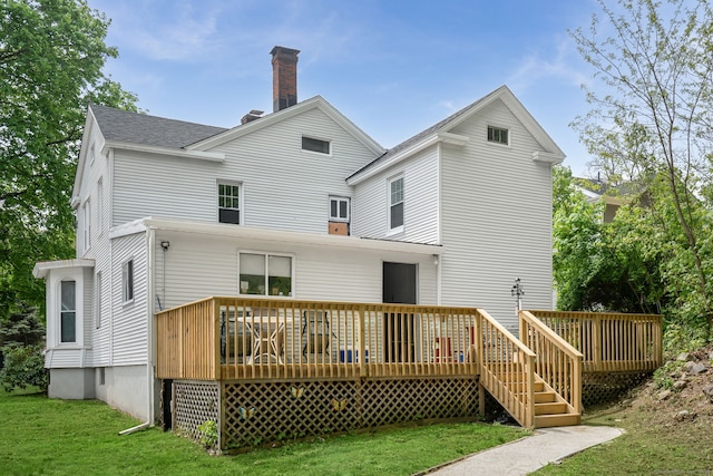35 S St, Bethel, CT 06801 - rear view of house featuring a chimney, a wooden deck, a yard, and roof with shingles