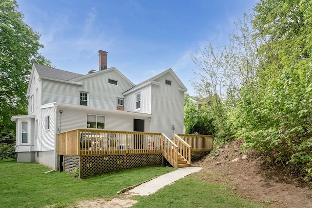 35 S St, Bethel, CT 06801 - back of house with a chimney, a yard, and a wooden deck