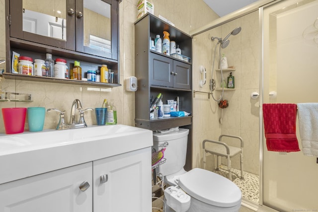 full bathroom featuring a shower stall, toilet, and vanity