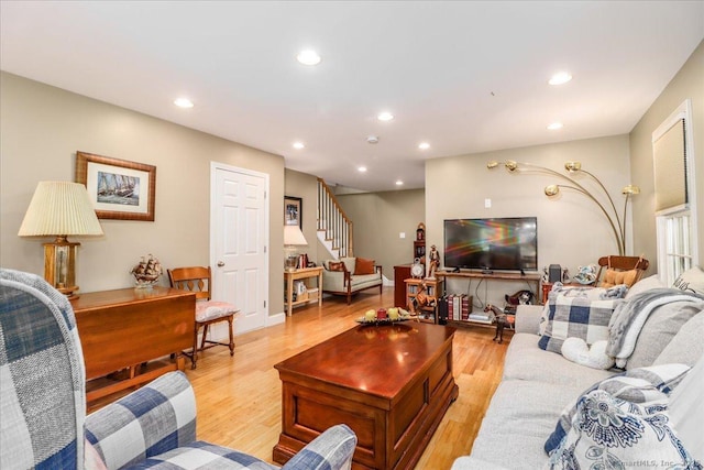 37A/K/A27 Oregon Ave, East Haven, CT 06512 - living room with stairs, light wood finished floors, and recessed lighting