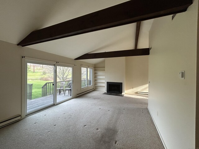 unfurnished living room with carpet, built in features, a baseboard radiator, a fireplace with flush hearth, and vaulted ceiling with beams