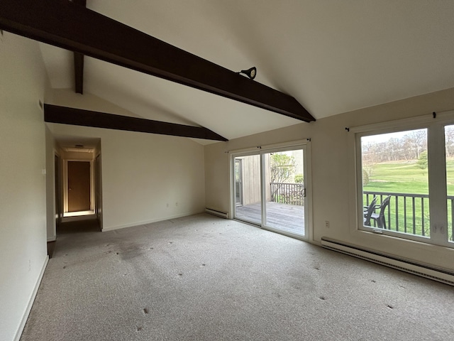unfurnished room featuring lofted ceiling with beams, a baseboard radiator, light carpet, baseboard heating, and baseboards