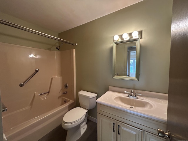 full bath with toilet,  shower combination, and vanity