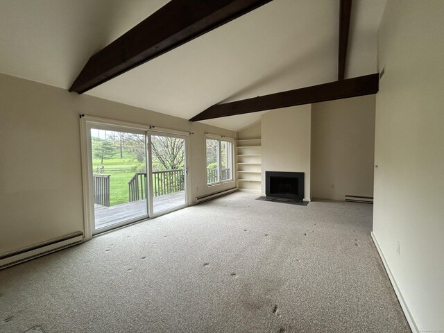 8 Pilgrim Hbr Unit A, Wallingford, CT 06492 - unfurnished living room with a baseboard heating unit, beam ceiling, carpet, a fireplace with flush hearth, and a baseboard radiator