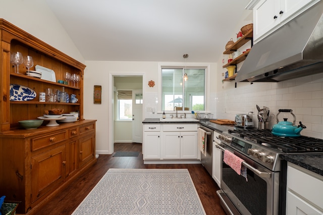 3 Clark Ave, Old Saybrook, CT 06475 - kitchen featuring under cabinet range hood, stainless steel appliances, open shelves, backsplash, and lofted ceiling