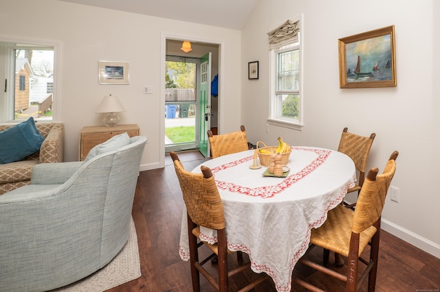 3 Clark Ave, Old Saybrook, CT 06475 - dining space featuring dark wood finished floors, baseboards, and vaulted ceiling