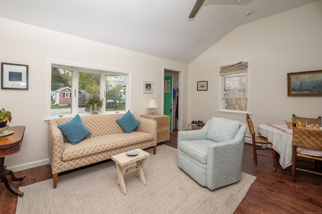 3 Clark Ave, Old Saybrook, CT 06475 - living area featuring plenty of natural light, a ceiling fan, lofted ceiling, wood finished floors, and baseboards