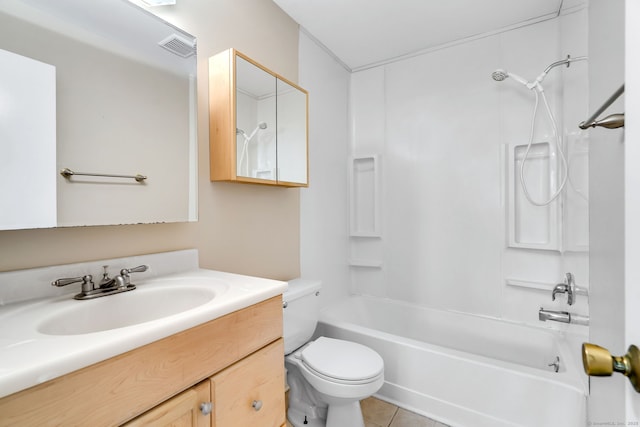 bathroom featuring toilet,  shower combination, visible vents, tile patterned flooring, and vanity