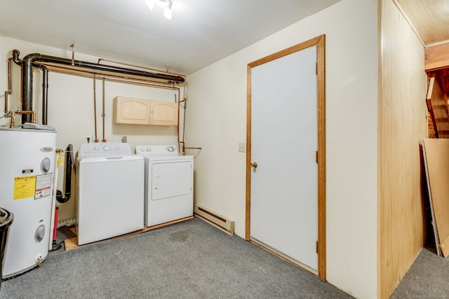 below grade area featuring water heater, light carpet, a baseboard heating unit, and washing machine and clothes dryer
