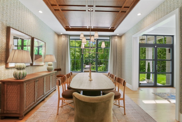 168 Proprietors Xing, New Canaan, CT 06840 - dining space featuring wallpapered walls, light wood-type flooring, and coffered ceiling