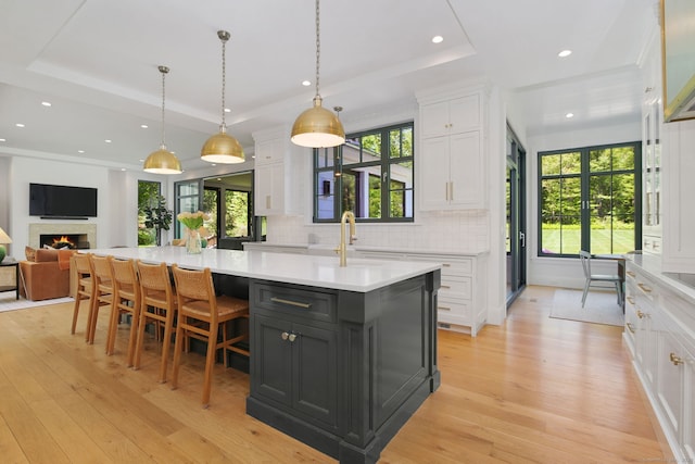 168 Proprietors Xing, New Canaan, CT 06840 - kitchen featuring white cabinetry, a raised ceiling, tasteful backsplash, light wood finished floors, and recessed lighting
