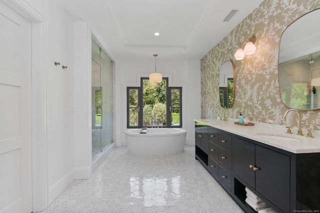 168 Proprietors Xing, New Canaan, CT 06840 - full bath featuring wallpapered walls, double vanity, a freestanding bath, a shower stall, and a raised ceiling