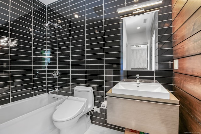 168 Proprietors Xing, New Canaan, CT 06840 - bathroom featuring tile walls, vanity, toilet, and washtub / shower combination