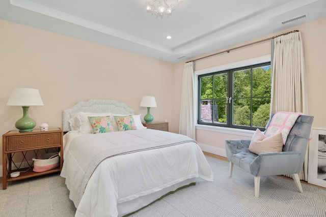 168 Proprietors Xing, New Canaan, CT 06840 - bedroom featuring a tray ceiling, recessed lighting, baseboards, and a chandelier