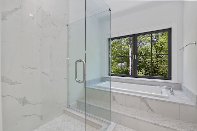 168 Proprietors Xing, New Canaan, CT 06840 - full bathroom featuring healthy amount of natural light, a marble finish shower, and a bath