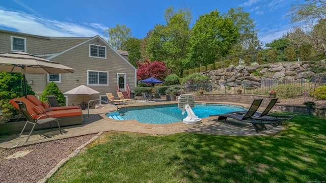 230 Ball Pond Rd, New Fairfield, CT 06812 - view of swimming pool featuring a yard, a patio area, a fenced in pool, and fence