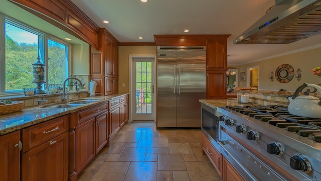 230 Ball Pond Rd, New Fairfield, CT 06812 - kitchen featuring ventilation hood, built in appliances, ornamental molding, and a sink