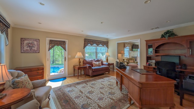 230 Ball Pond Rd, New Fairfield, CT 06812 - home office with ornamental molding, visible vents, and light wood-style floors