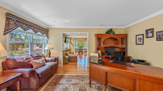 230 Ball Pond Rd, New Fairfield, CT 06812 - home office with crown molding, light wood-type flooring, visible vents, and recessed lighting