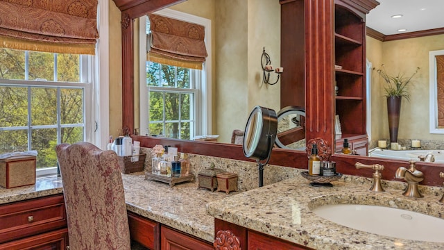 230 Ball Pond Rd, New Fairfield, CT 06812 - bathroom with vanity, crown molding, and a healthy amount of sunlight