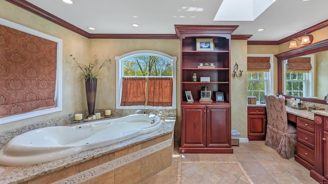 230 Ball Pond Rd, New Fairfield, CT 06812 - full bath with vanity, ornamental molding, a garden tub, and a skylight
